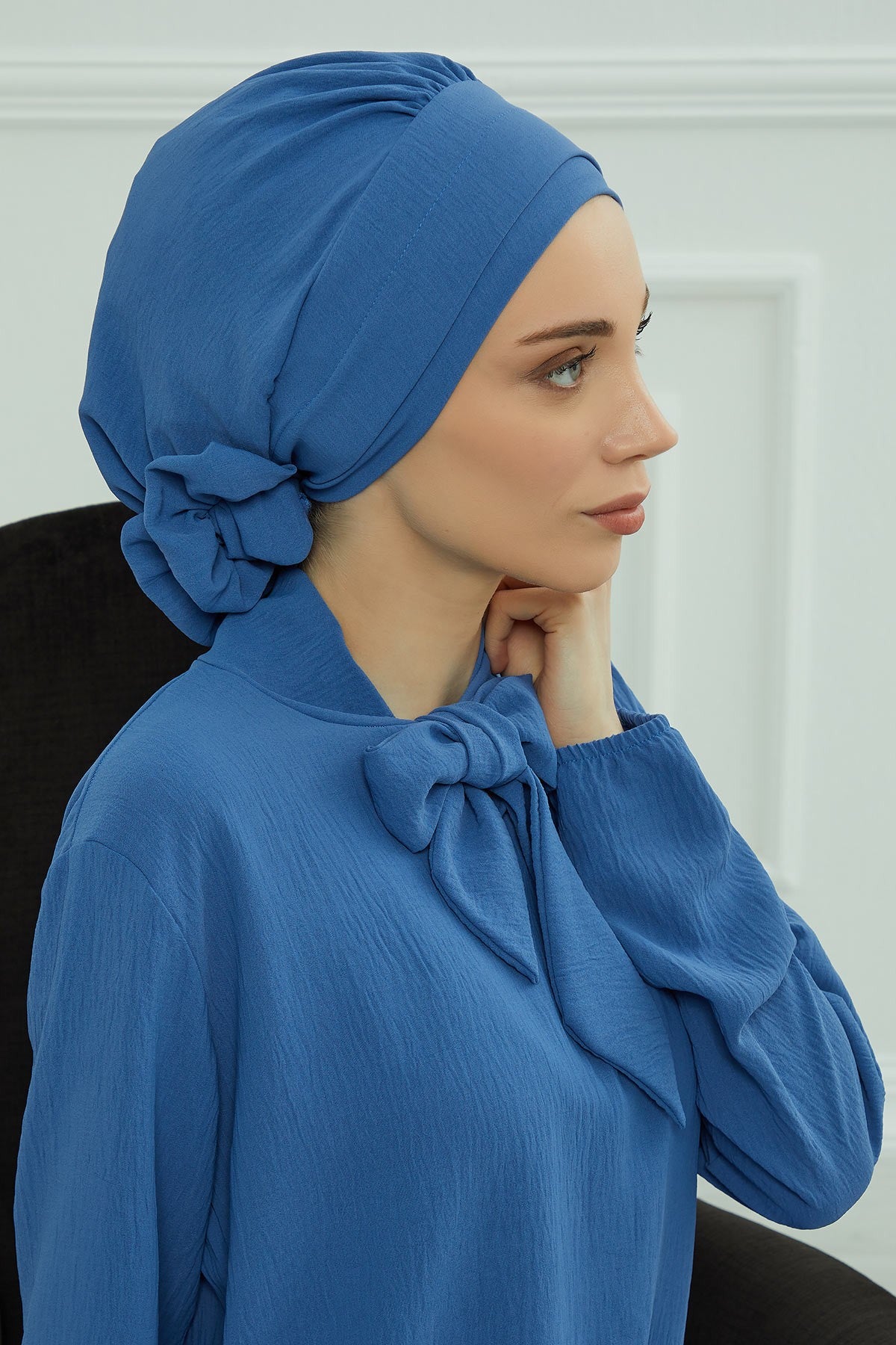 Pre-Tied Modest Turban for Women, Soft Aerobin Fabric Hijab with Stylish Back Flower, Slip-On Cotton Blend Head Cover,HT-92 Blue