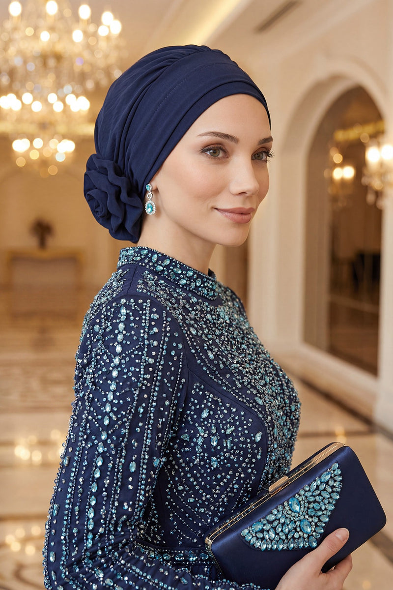 Pre-Tied Modest Turban for Women, Soft Aerobin Fabric Hijab with Stylish Back Flower, Slip-On Cotton Blend Head Cover,HT-92