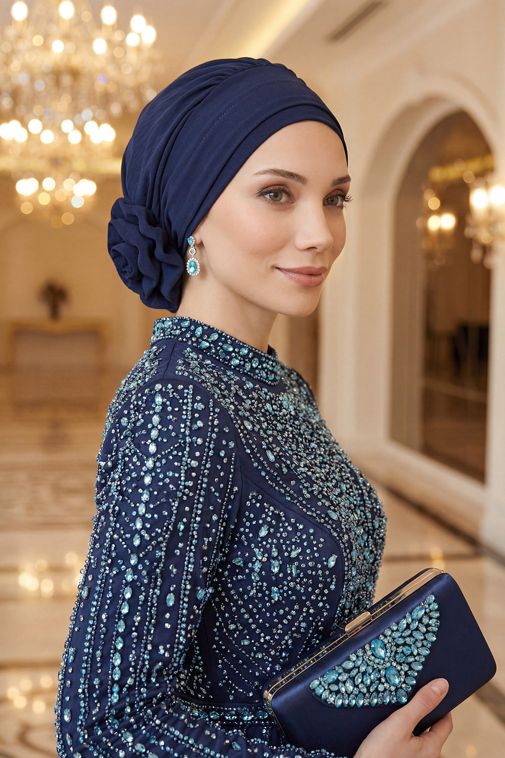 Pre-Tied Modest Turban for Women, Soft Aerobin Fabric Hijab with Stylish Back Flower, Slip-On Cotton Blend Head Cover,HT-92 Navy Blue