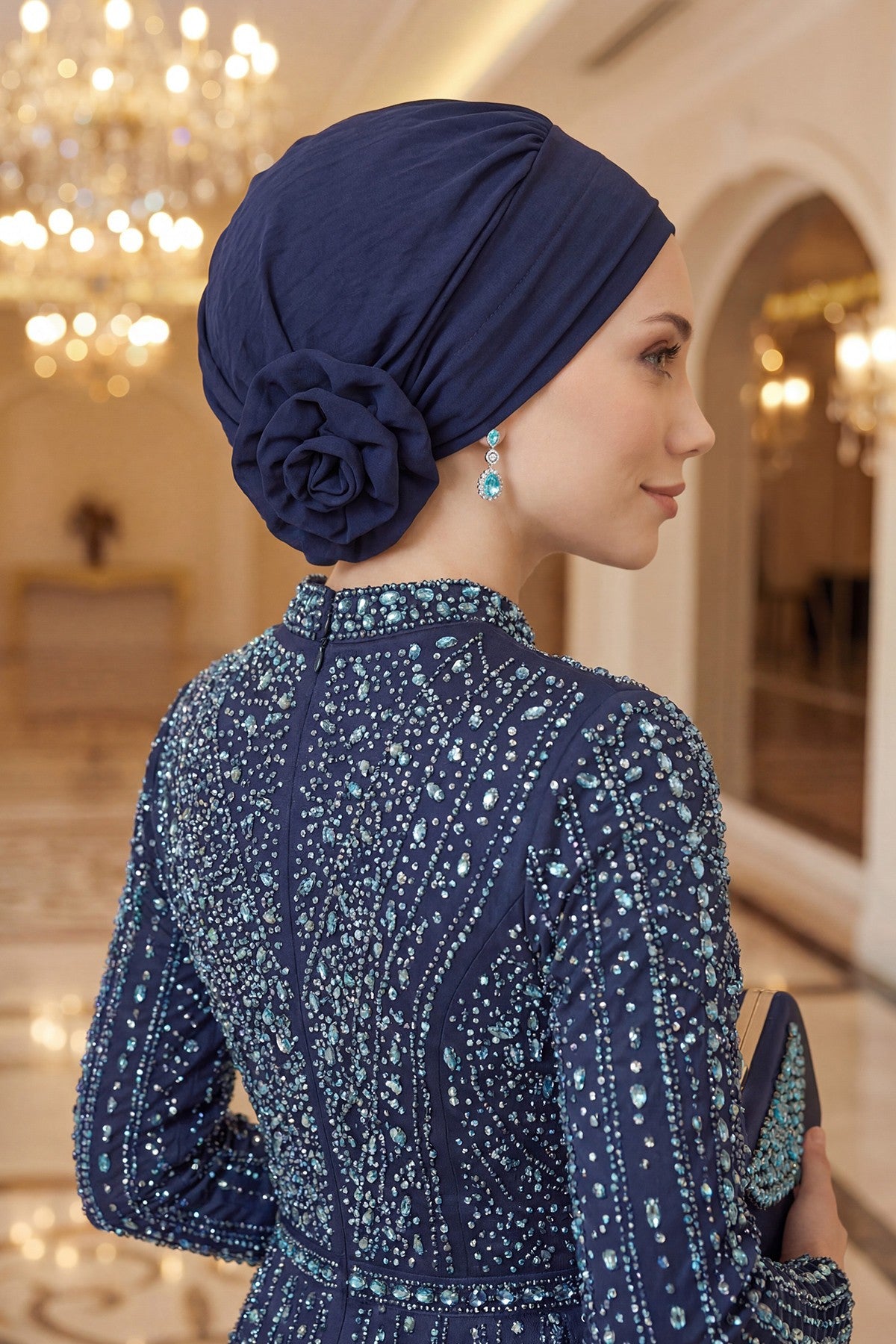 Pre-Tied Modest Turban for Women, Soft Aerobin Fabric Hijab with Stylish Back Flower, Slip-On Cotton Blend Head Cover,HT-92 Navy Blue
