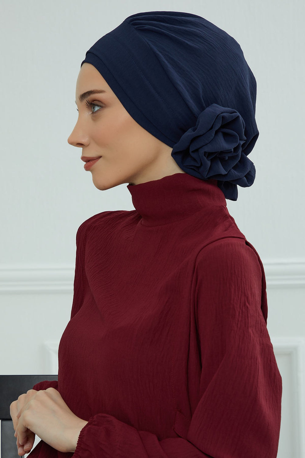 Pre-Tied Modest Turban for Women, Soft Aerobin Fabric Hijab with Stylish Back Flower, Slip-On Cotton Blend Head Cover,HT-92 Navy Blue