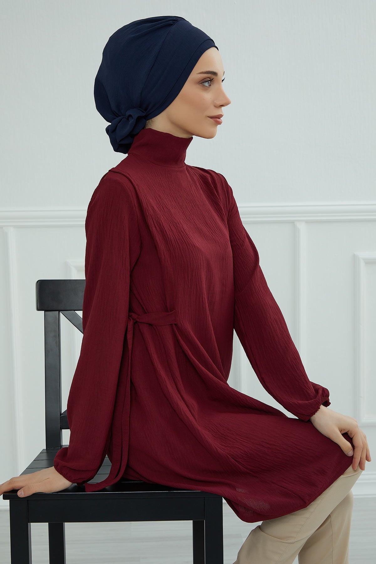 Pre-Tied Modest Turban for Women, Soft Aerobin Fabric Hijab with Stylish Back Flower, Slip-On Cotton Blend Head Cover,HT-92 Navy Blue