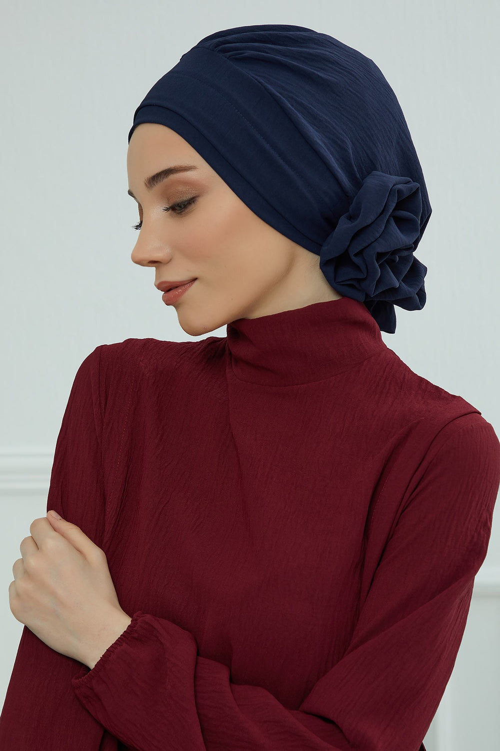Pre-Tied Modest Turban for Women, Soft Aerobin Fabric Hijab with Stylish Back Flower, Slip-On Cotton Blend Head Cover,HT-92 Navy Blue