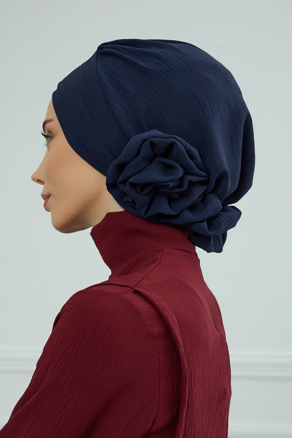 Pre-Tied Modest Turban for Women, Soft Aerobin Fabric Hijab with Stylish Back Flower, Slip-On Cotton Blend Head Cover,HT-92 Navy Blue