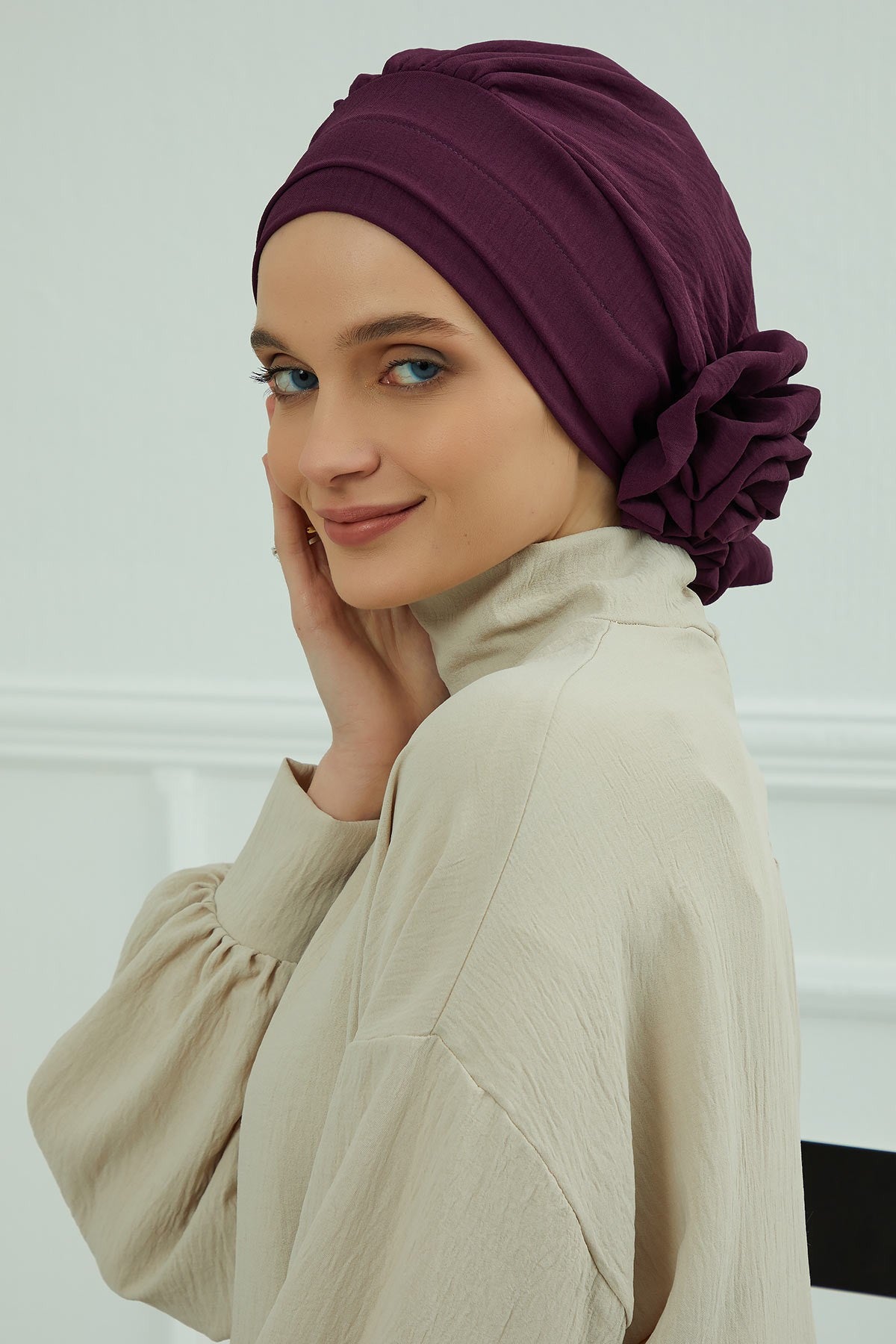 Pre-Tied Modest Turban for Women, Soft Aerobin Fabric Hijab with Stylish Back Flower, Slip-On Cotton Blend Head Cover,HT-92 Purple
