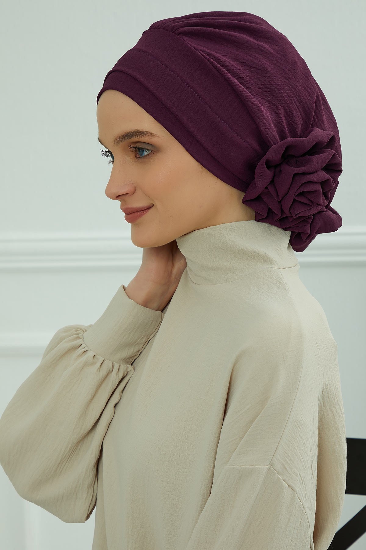 Pre-Tied Modest Turban for Women, Soft Aerobin Fabric Hijab with Stylish Back Flower, Slip-On Cotton Blend Head Cover,HT-92 Purple