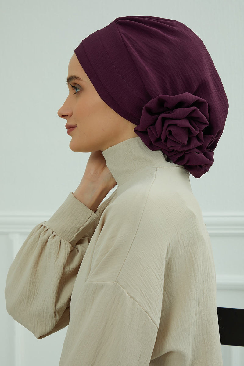 Pre-Tied Modest Turban for Women, Soft Aerobin Fabric Hijab with Stylish Back Flower, Slip-On Cotton Blend Head Cover,HT-92