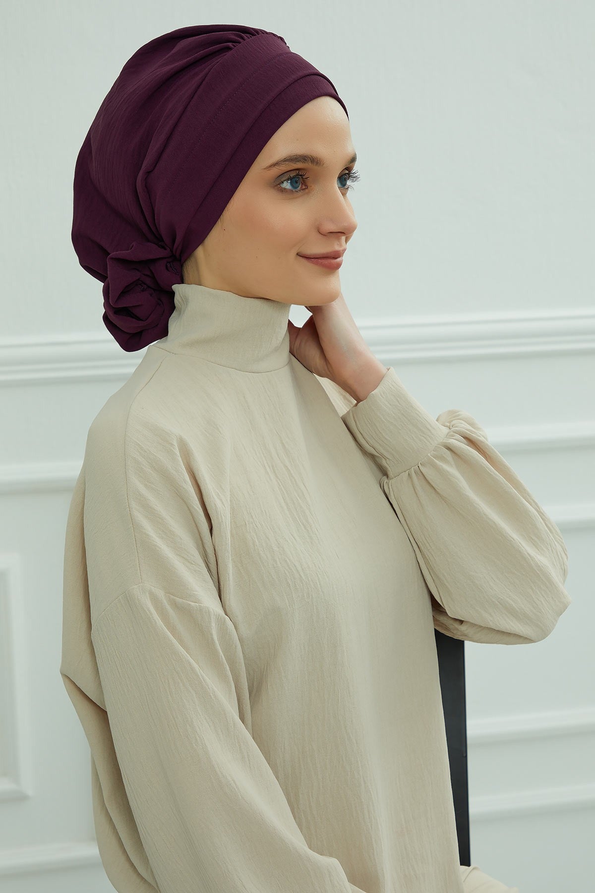 Pre-Tied Modest Turban for Women, Soft Aerobin Fabric Hijab with Stylish Back Flower, Slip-On Cotton Blend Head Cover,HT-92 Purple