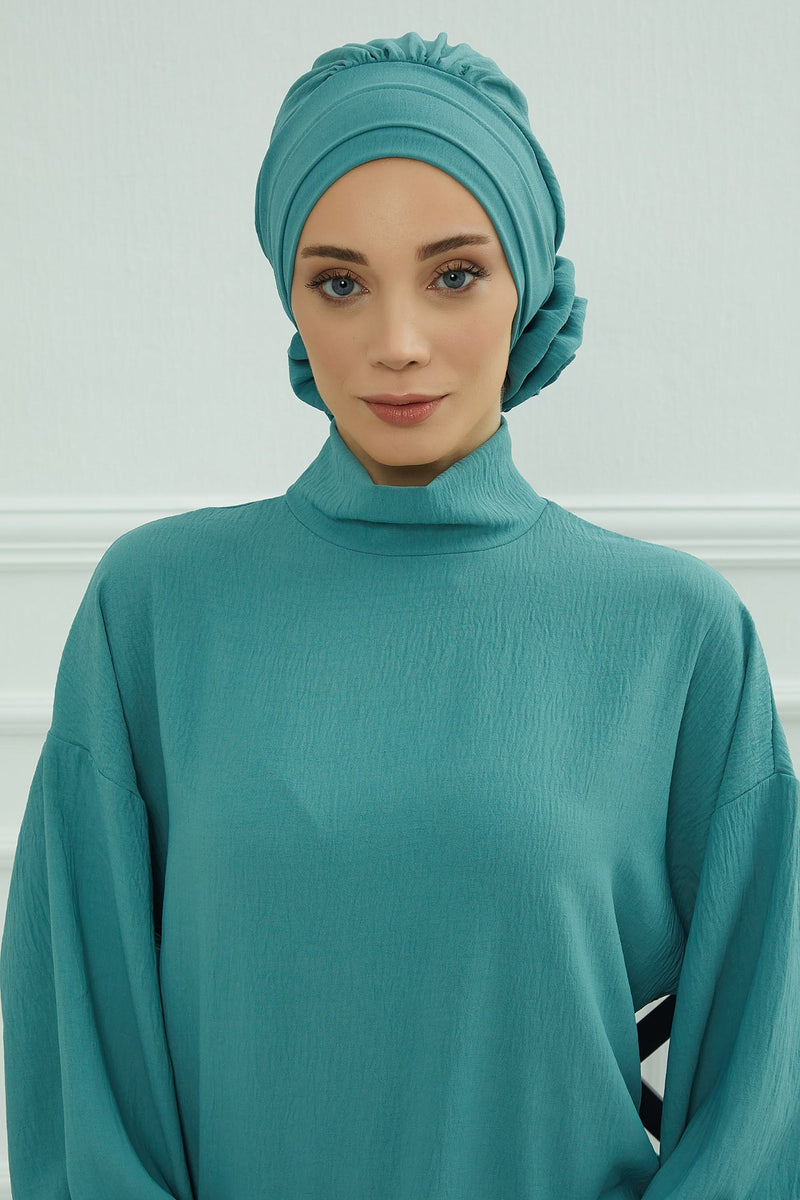 Pre-Tied Modest Turban for Women, Soft Aerobin Fabric Hijab with Stylish Back Flower, Slip-On Cotton Blend Head Cover,HT-92