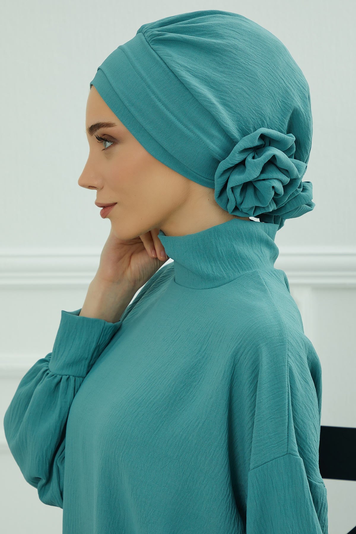 Pre-Tied Modest Turban for Women, Soft Aerobin Fabric Hijab with Stylish Back Flower, Slip-On Cotton Blend Head Cover,HT-92 Mint Green