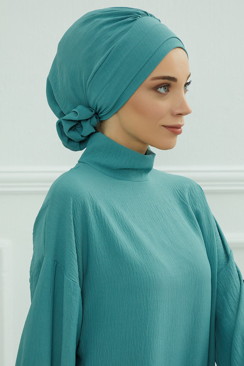 Pre-Tied Modest Turban for Women, Soft Aerobin Fabric Hijab with Stylish Back Flower, Slip-On Cotton Blend Head Cover,HT-92