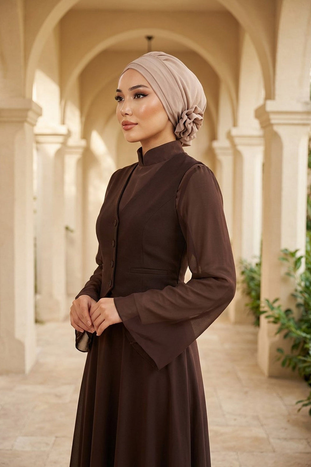 Pre-Tied Modest Turban for Women, Soft Aerobin Fabric Hijab with Stylish Back Flower, Slip-On Cotton Blend Head Cover,HT-92 Mink