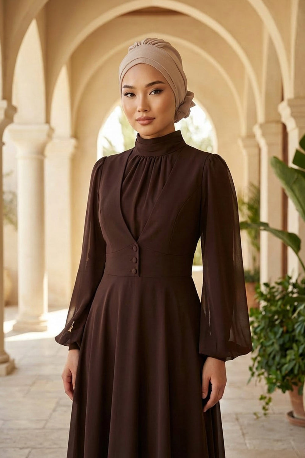 Pre-Tied Modest Turban for Women, Soft Aerobin Fabric Hijab with Stylish Back Flower, Slip-On Cotton Blend Head Cover,HT-92 Mink