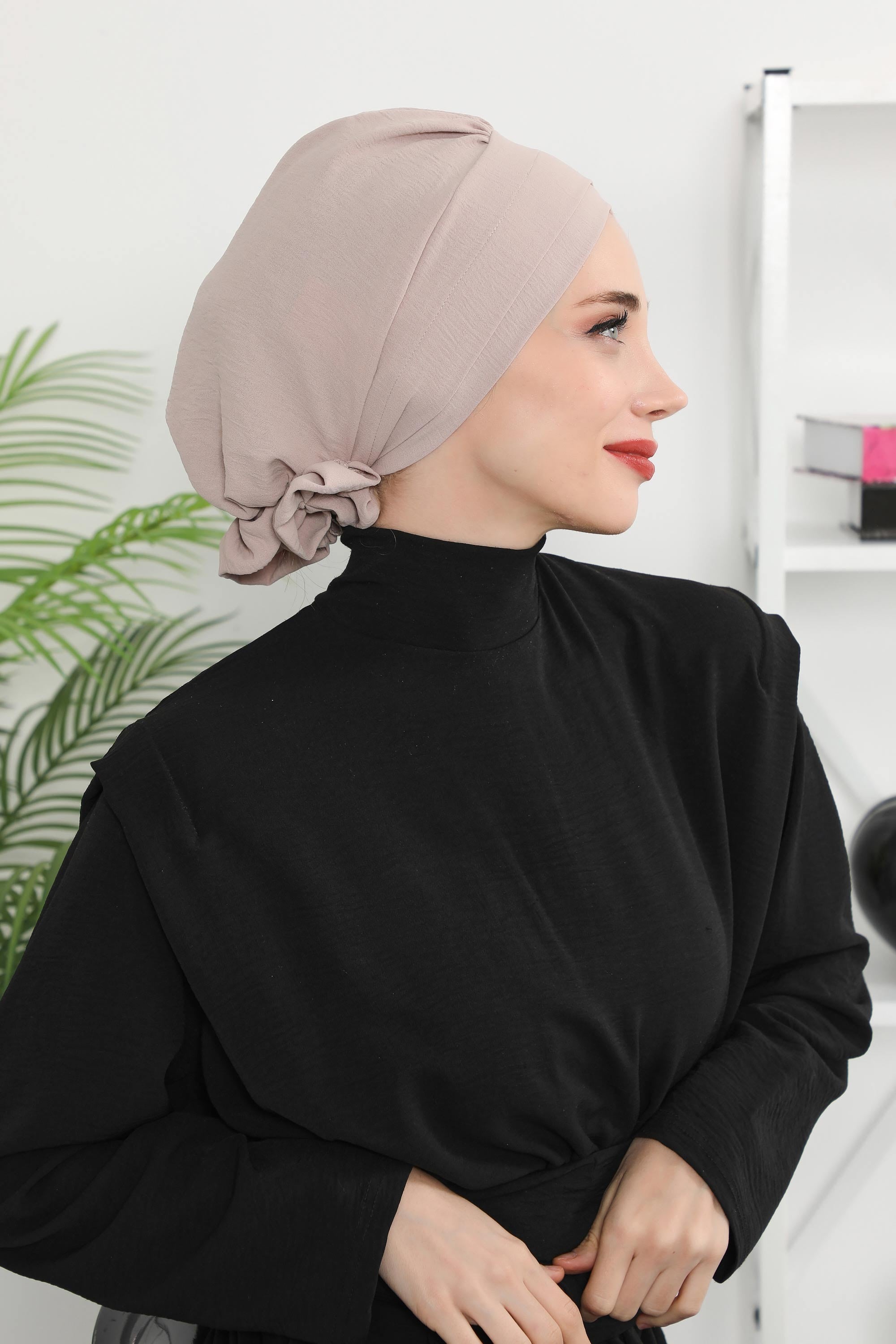 Pre-Tied Modest Turban for Women, Soft Aerobin Fabric Hijab with Stylish Back Flower, Slip-On Cotton Blend Head Cover,HT-92 Mink