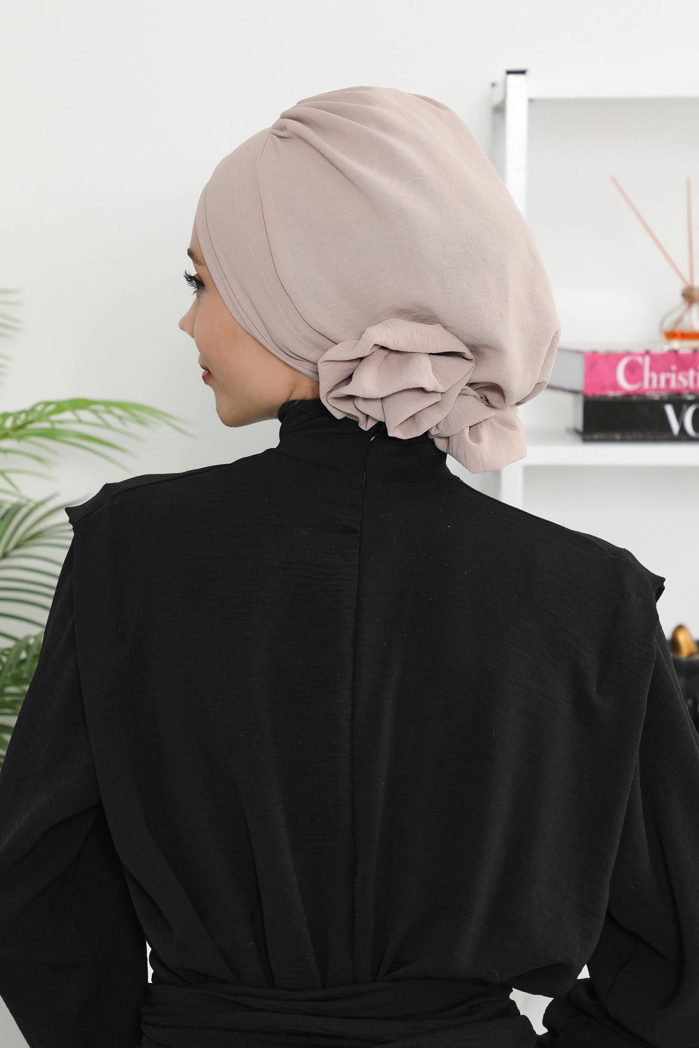 Pre-Tied Modest Turban for Women, Soft Aerobin Fabric Hijab with Stylish Back Flower, Slip-On Cotton Blend Head Cover,HT-92 Mink