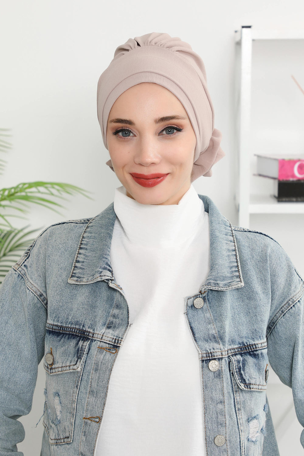 Pre-Tied Modest Turban for Women, Soft Aerobin Fabric Hijab with Stylish Back Flower, Slip-On Cotton Blend Head Cover,HT-92 Mink