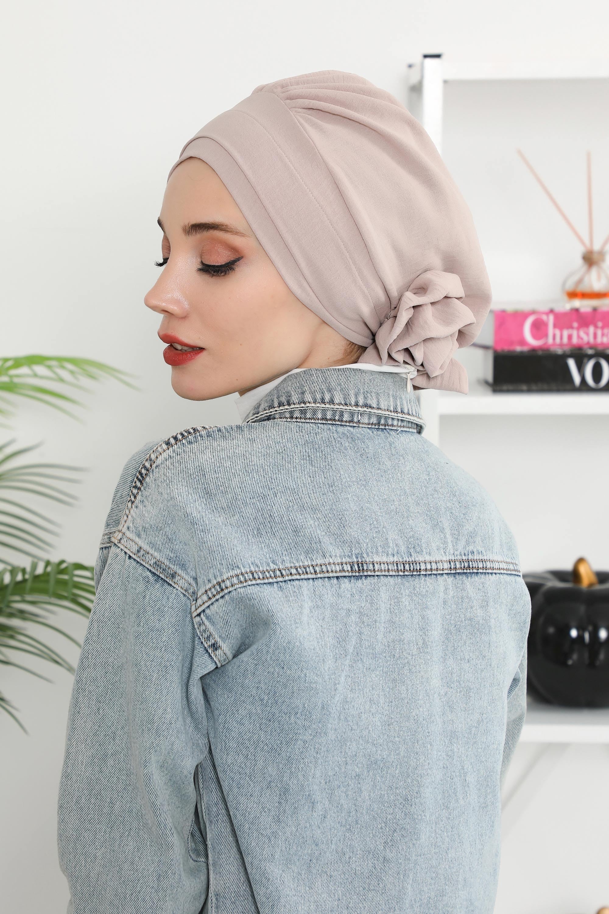 Pre-Tied Modest Turban for Women, Soft Aerobin Fabric Hijab with Stylish Back Flower, Slip-On Cotton Blend Head Cover,HT-92 Mink