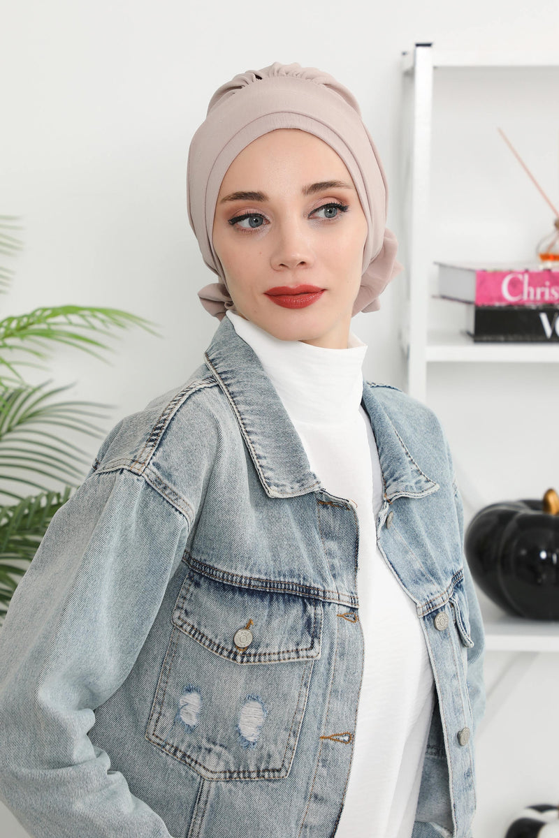 Pre-Tied Modest Turban for Women, Soft Aerobin Fabric Hijab with Stylish Back Flower, Slip-On Cotton Blend Head Cover,HT-92