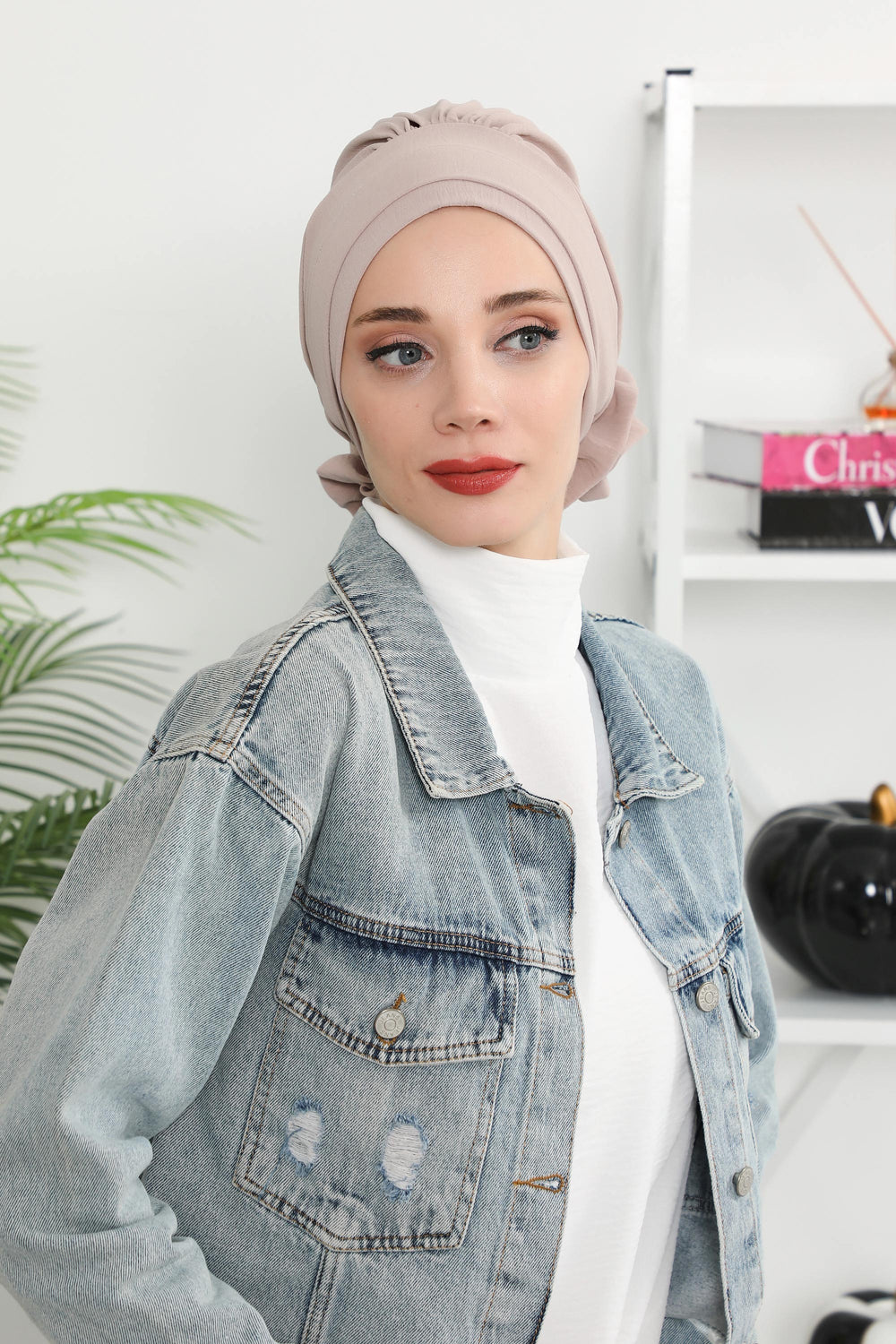 Pre-Tied Modest Turban for Women, Soft Aerobin Fabric Hijab with Stylish Back Flower, Slip-On Cotton Blend Head Cover,HT-92 Mink