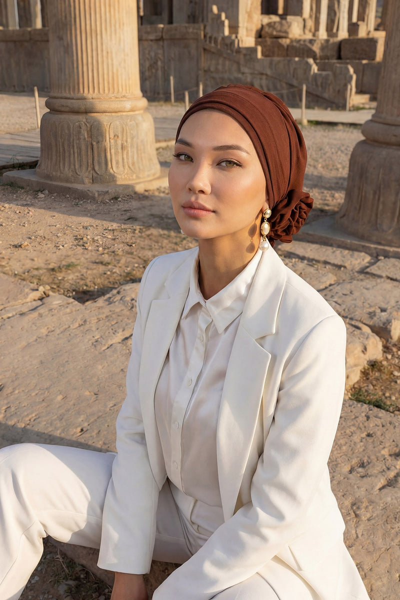 Pre-Tied Modest Turban for Women, Soft Aerobin Fabric Hijab with Stylish Back Flower, Slip-On Cotton Blend Head Cover,HT-92