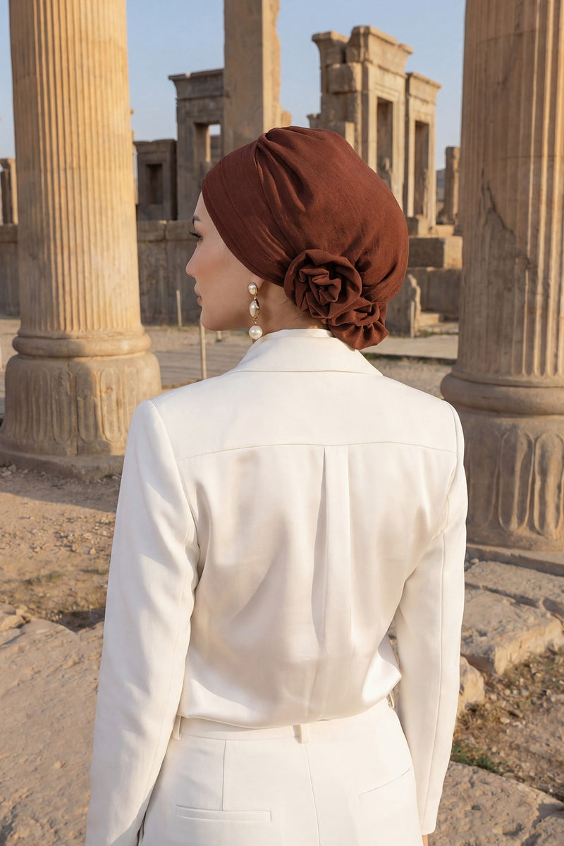 Pre-Tied Modest Turban for Women, Soft Aerobin Fabric Hijab with Stylish Back Flower, Slip-On Cotton Blend Head Cover,HT-92