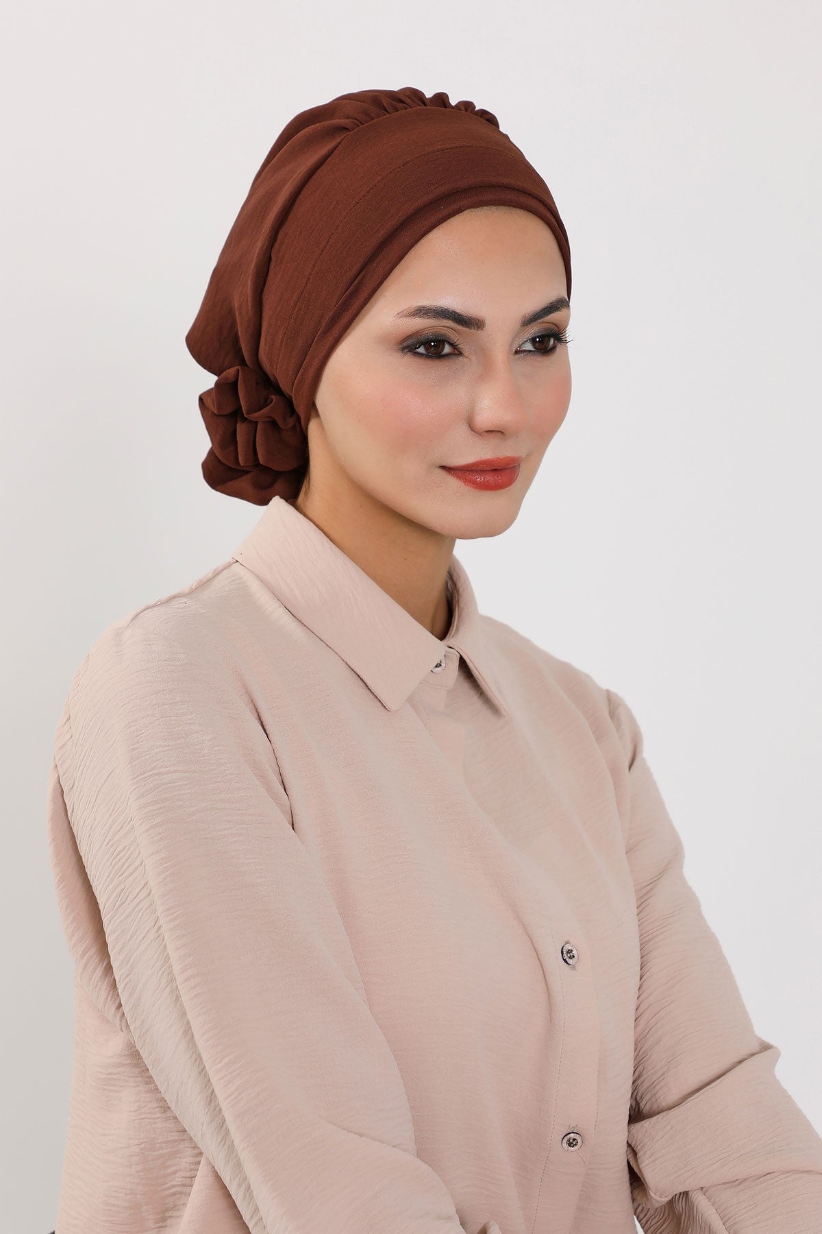 Pre-Tied Modest Turban for Women, Soft Aerobin Fabric Hijab with Stylish Back Flower, Slip-On Cotton Blend Head Cover,HT-92 Brown