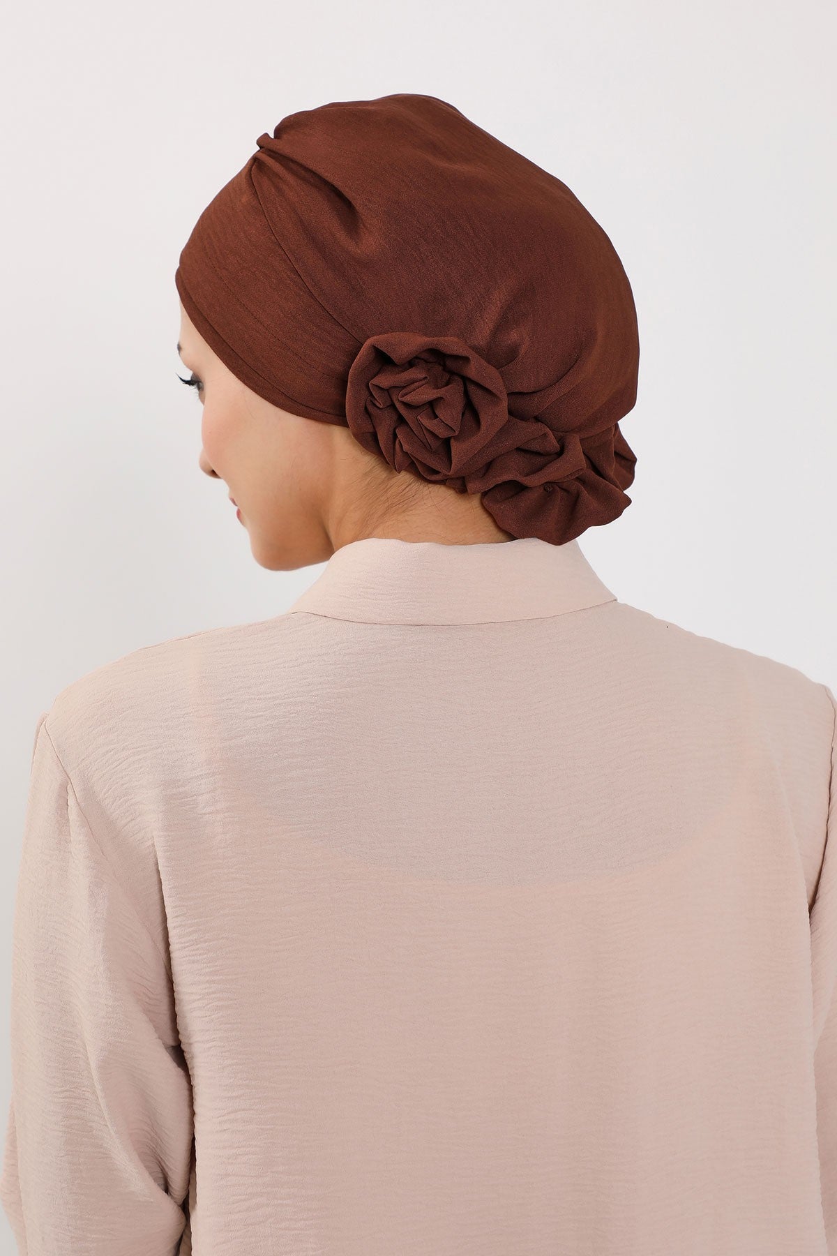 Pre-Tied Modest Turban for Women, Soft Aerobin Fabric Hijab with Stylish Back Flower, Slip-On Cotton Blend Head Cover,HT-92 Brown