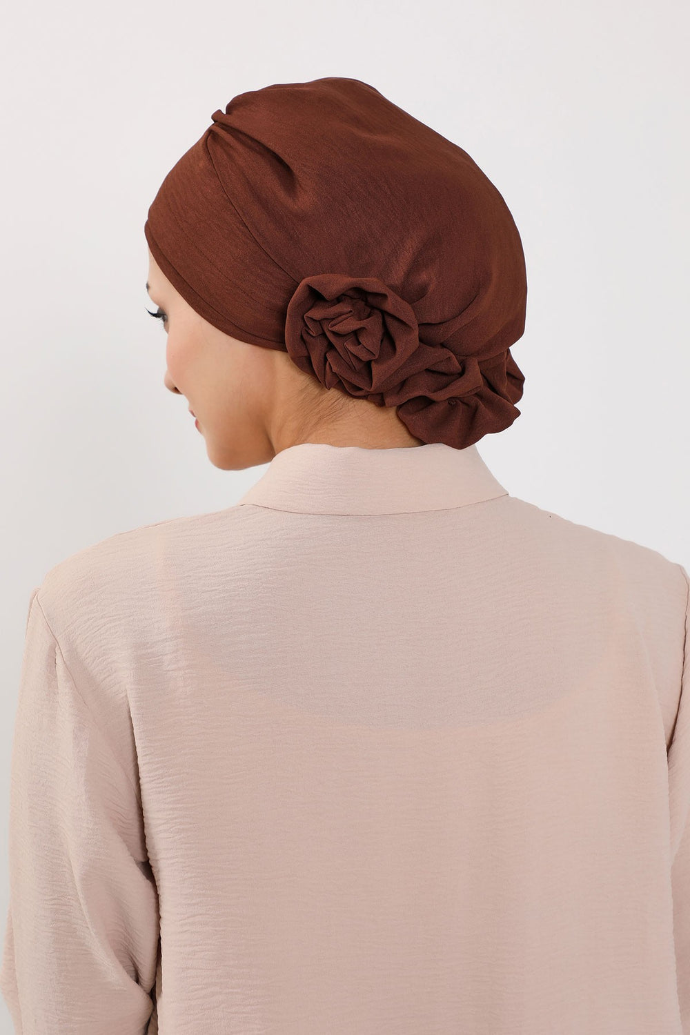 Pre-Tied Modest Turban for Women, Soft Aerobin Fabric Hijab with Stylish Back Flower, Slip-On Cotton Blend Head Cover,HT-92 Brown