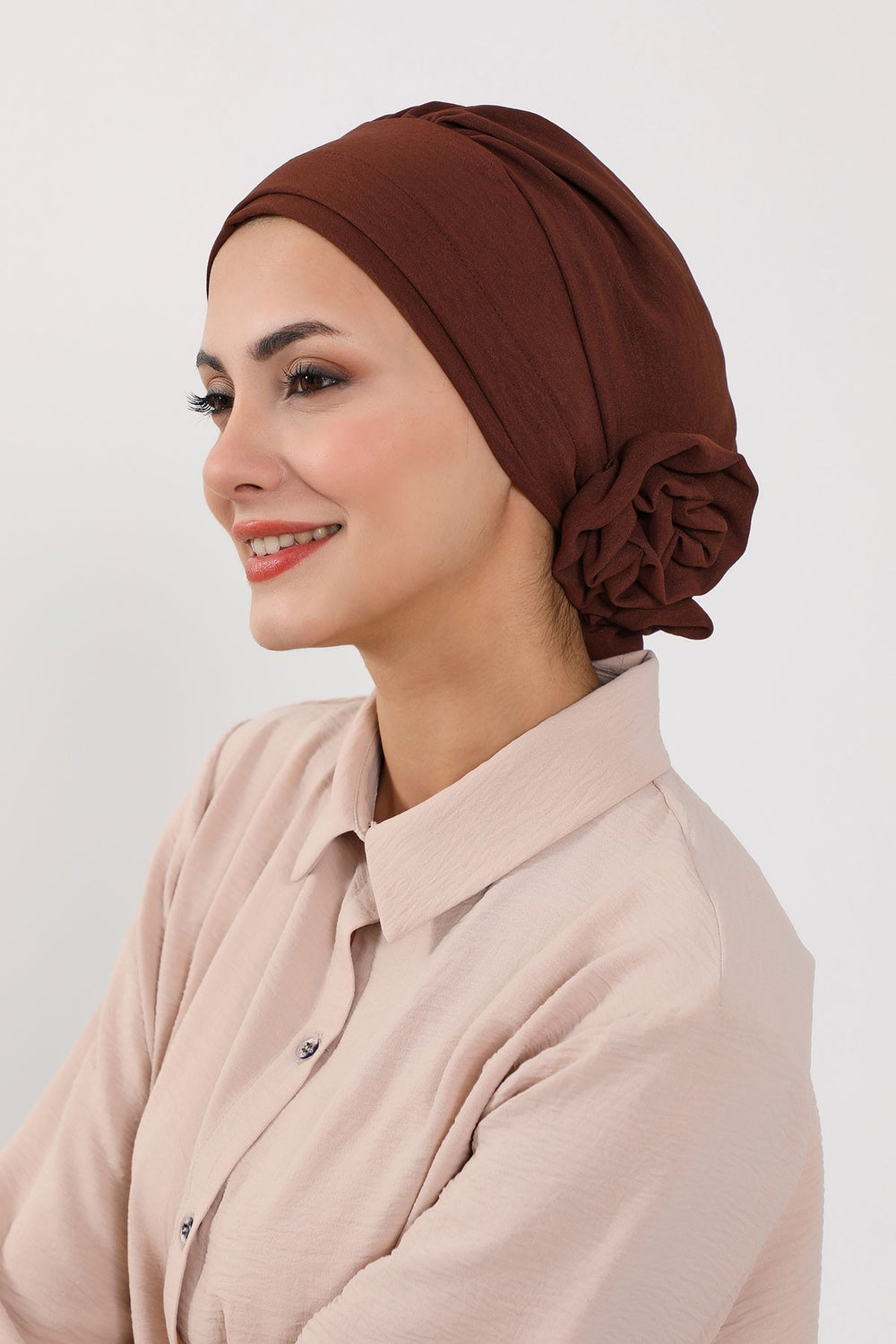 Pre-Tied Modest Turban for Women, Soft Aerobin Fabric Hijab with Stylish Back Flower, Slip-On Cotton Blend Head Cover,HT-92 Brown