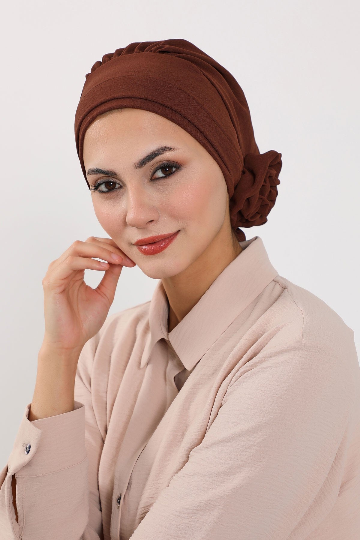 Pre-Tied Modest Turban for Women, Soft Aerobin Fabric Hijab with Stylish Back Flower, Slip-On Cotton Blend Head Cover,HT-92 Brown