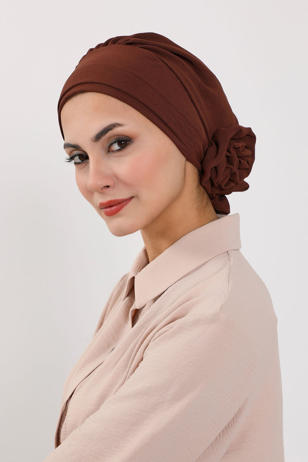 Pre-Tied Modest Turban for Women, Soft Aerobin Fabric Hijab with Stylish Back Flower, Slip-On Cotton Blend Head Cover,HT-92 Brown
