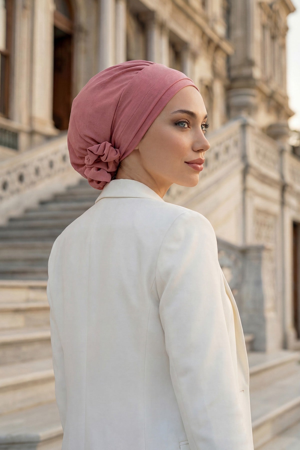 Pre-Tied Modest Turban for Women, Soft Aerobin Fabric Hijab with Stylish Back Flower, Slip-On Cotton Blend Head Cover,HT-92 Dark Pink