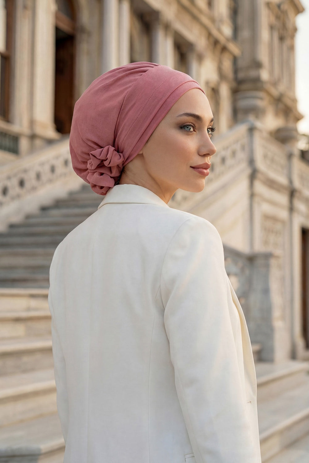 Pre-Tied Modest Turban for Women, Soft Aerobin Fabric Hijab with Stylish Back Flower, Slip-On Cotton Blend Head Cover,HT-92 Dark Pink