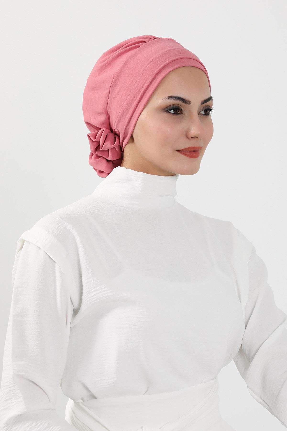 Pre-Tied Modest Turban for Women, Soft Aerobin Fabric Hijab with Stylish Back Flower, Slip-On Cotton Blend Head Cover,HT-92 Dark Pink