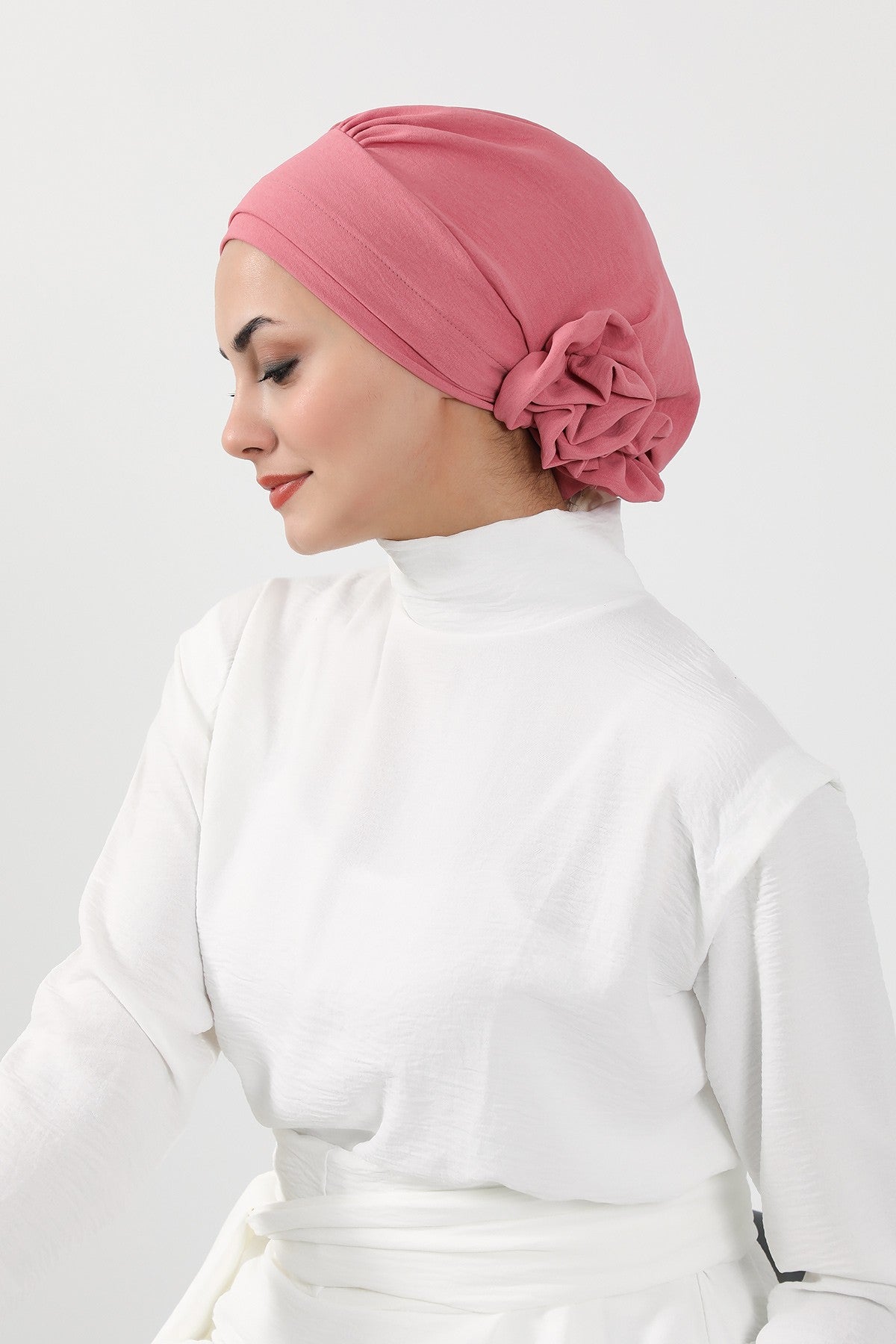Pre-Tied Modest Turban for Women, Soft Aerobin Fabric Hijab with Stylish Back Flower, Slip-On Cotton Blend Head Cover,HT-92 Dark Pink
