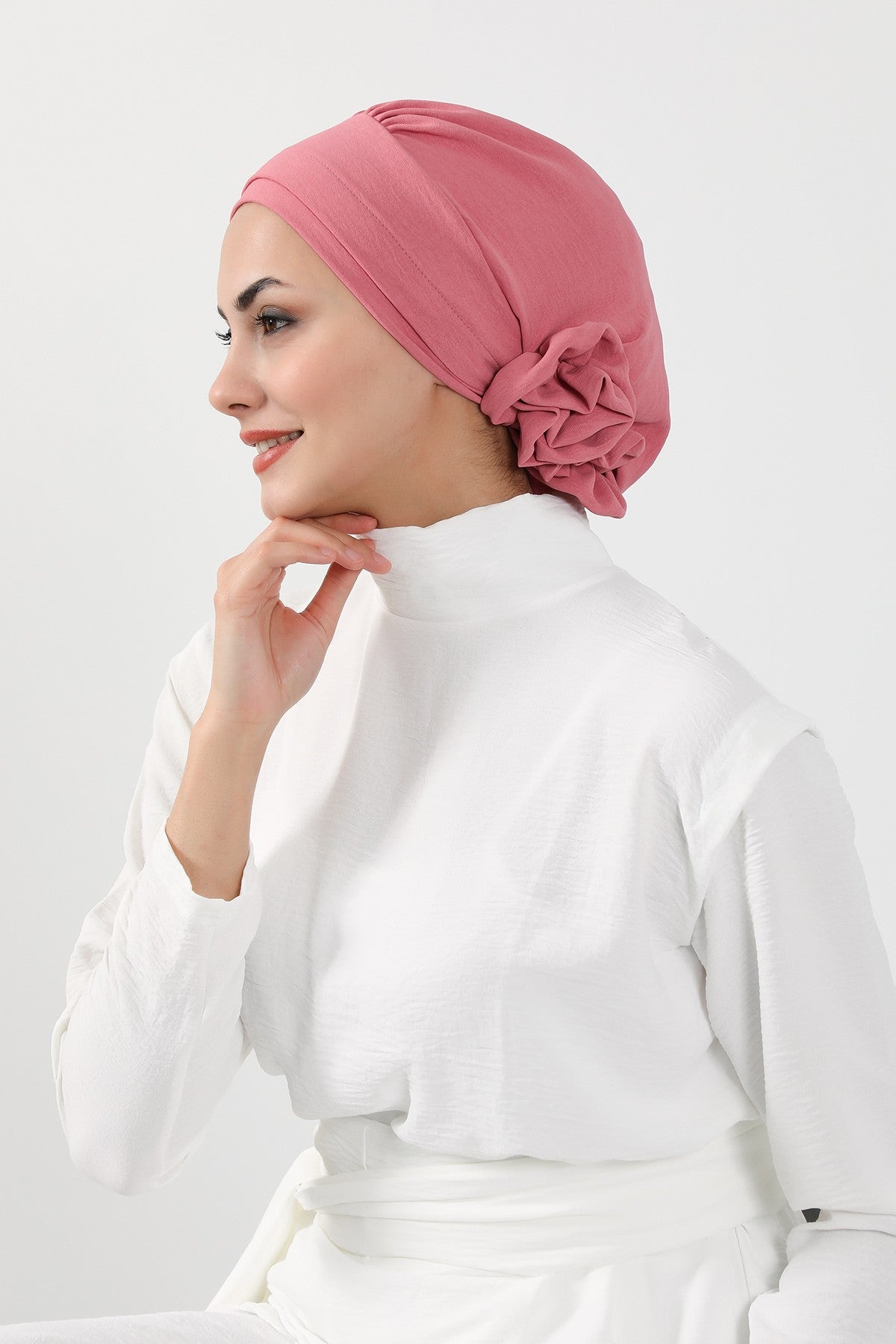 Pre-Tied Modest Turban for Women, Soft Aerobin Fabric Hijab with Stylish Back Flower, Slip-On Cotton Blend Head Cover,HT-92 Dark Pink