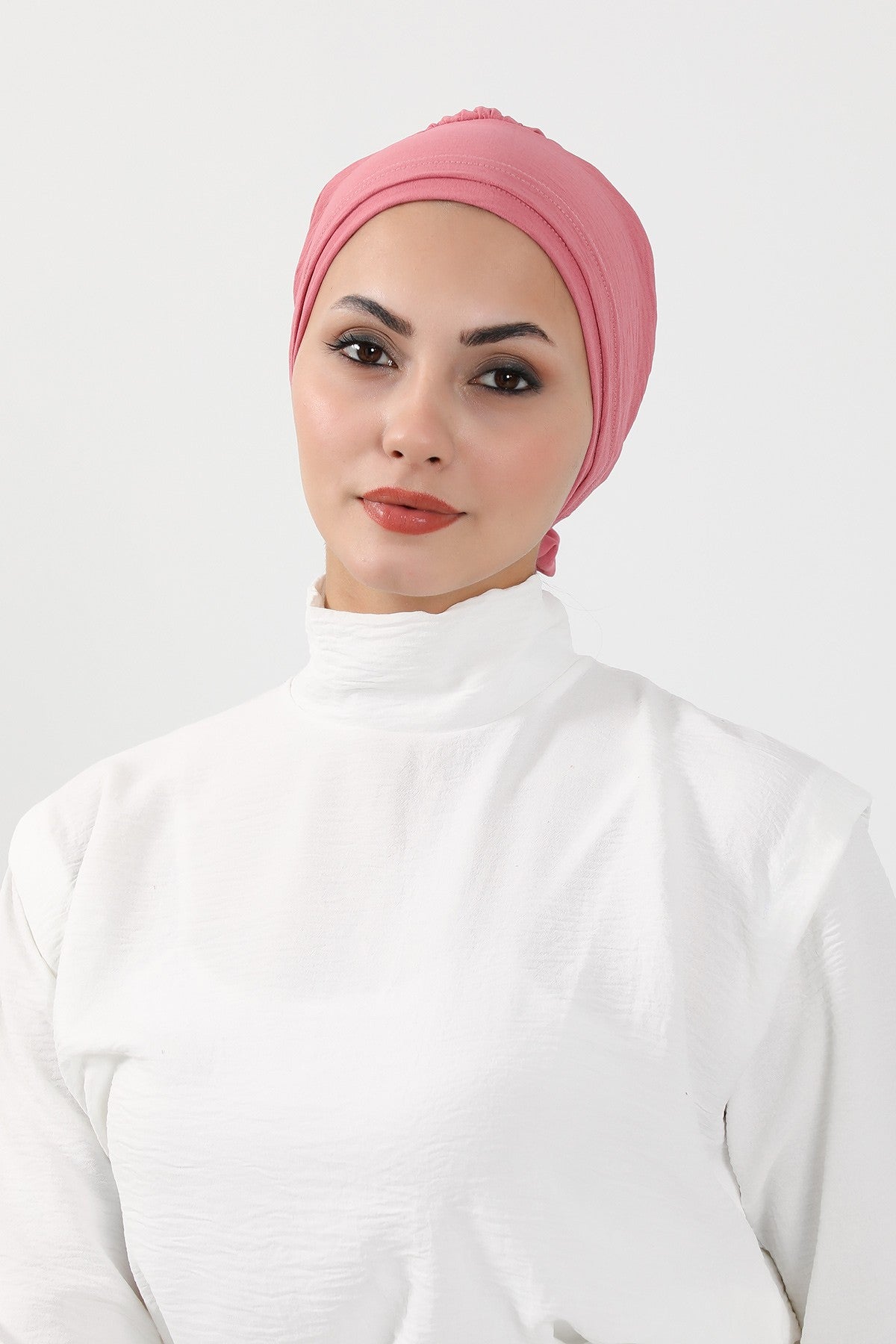 Pre-Tied Modest Turban for Women, Soft Aerobin Fabric Hijab with Stylish Back Flower, Slip-On Cotton Blend Head Cover,HT-92 Dark Pink