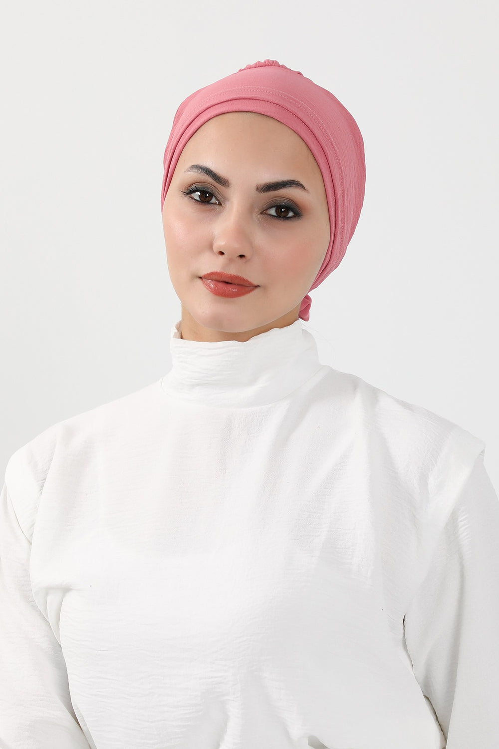 Pre-Tied Modest Turban for Women, Soft Aerobin Fabric Hijab with Stylish Back Flower, Slip-On Cotton Blend Head Cover,HT-92 Dark Pink