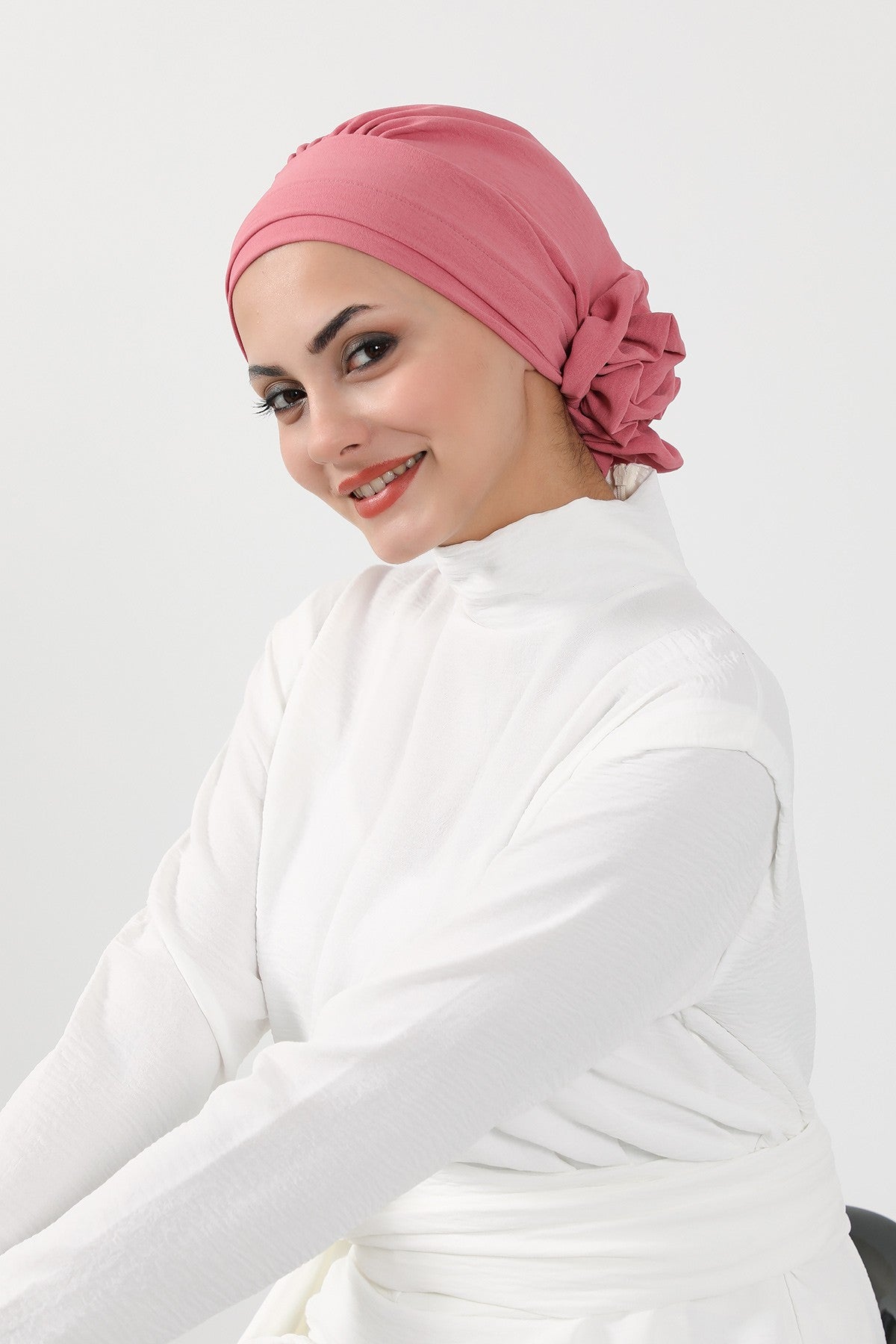 Pre-Tied Modest Turban for Women, Soft Aerobin Fabric Hijab with Stylish Back Flower, Slip-On Cotton Blend Head Cover,HT-92 Dark Pink