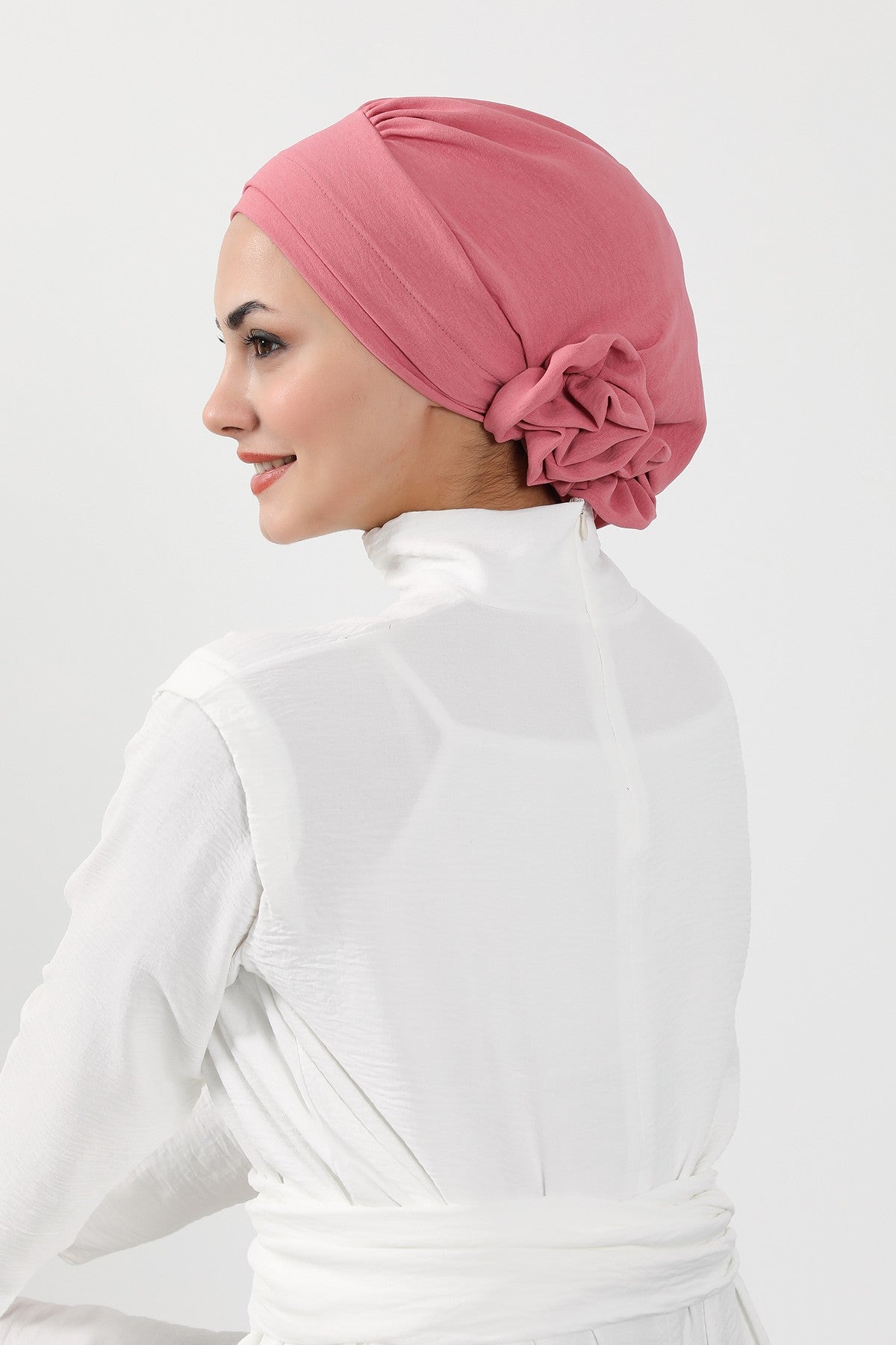 Pre-Tied Modest Turban for Women, Soft Aerobin Fabric Hijab with Stylish Back Flower, Slip-On Cotton Blend Head Cover,HT-92 Dark Pink