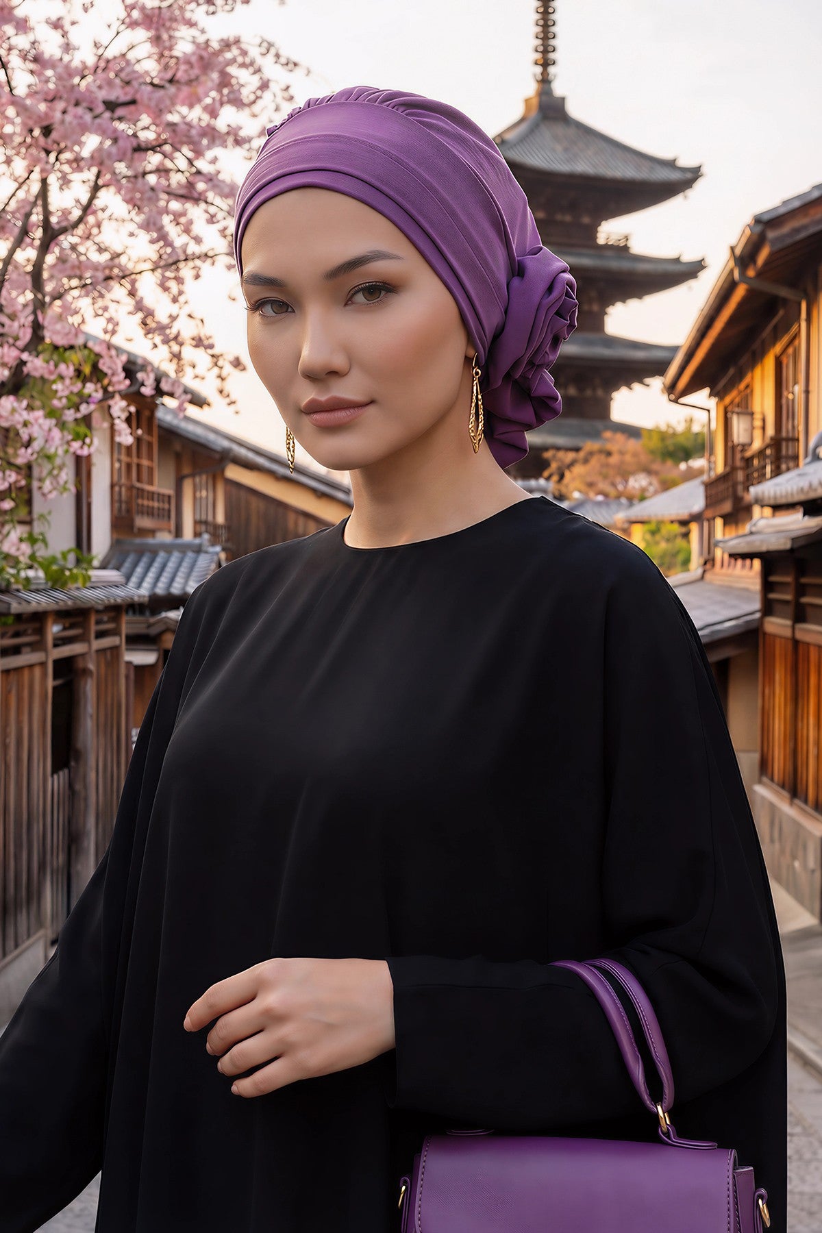 Pre-Tied Modest Turban for Women, Soft Aerobin Fabric Hijab with Stylish Back Flower, Slip-On Cotton Blend Head Cover,HT-92 Purple 2