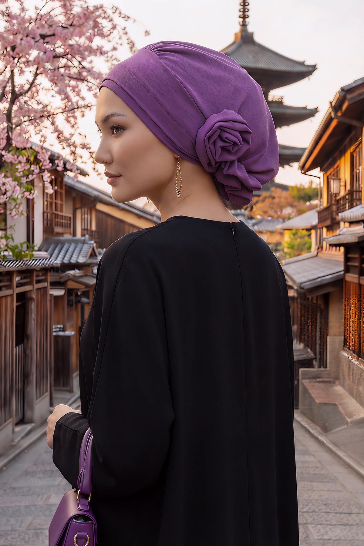 Pre-Tied Modest Turban for Women, Soft Aerobin Fabric Hijab with Stylish Back Flower, Slip-On Cotton Blend Head Cover,HT-92 Purple 2