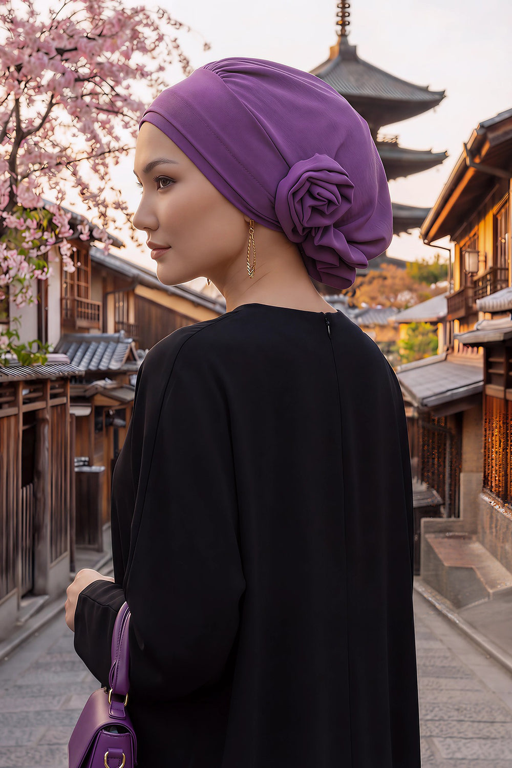 Pre-Tied Modest Turban for Women, Soft Aerobin Fabric Hijab with Stylish Back Flower, Slip-On Cotton Blend Head Cover,HT-92 Purple 2