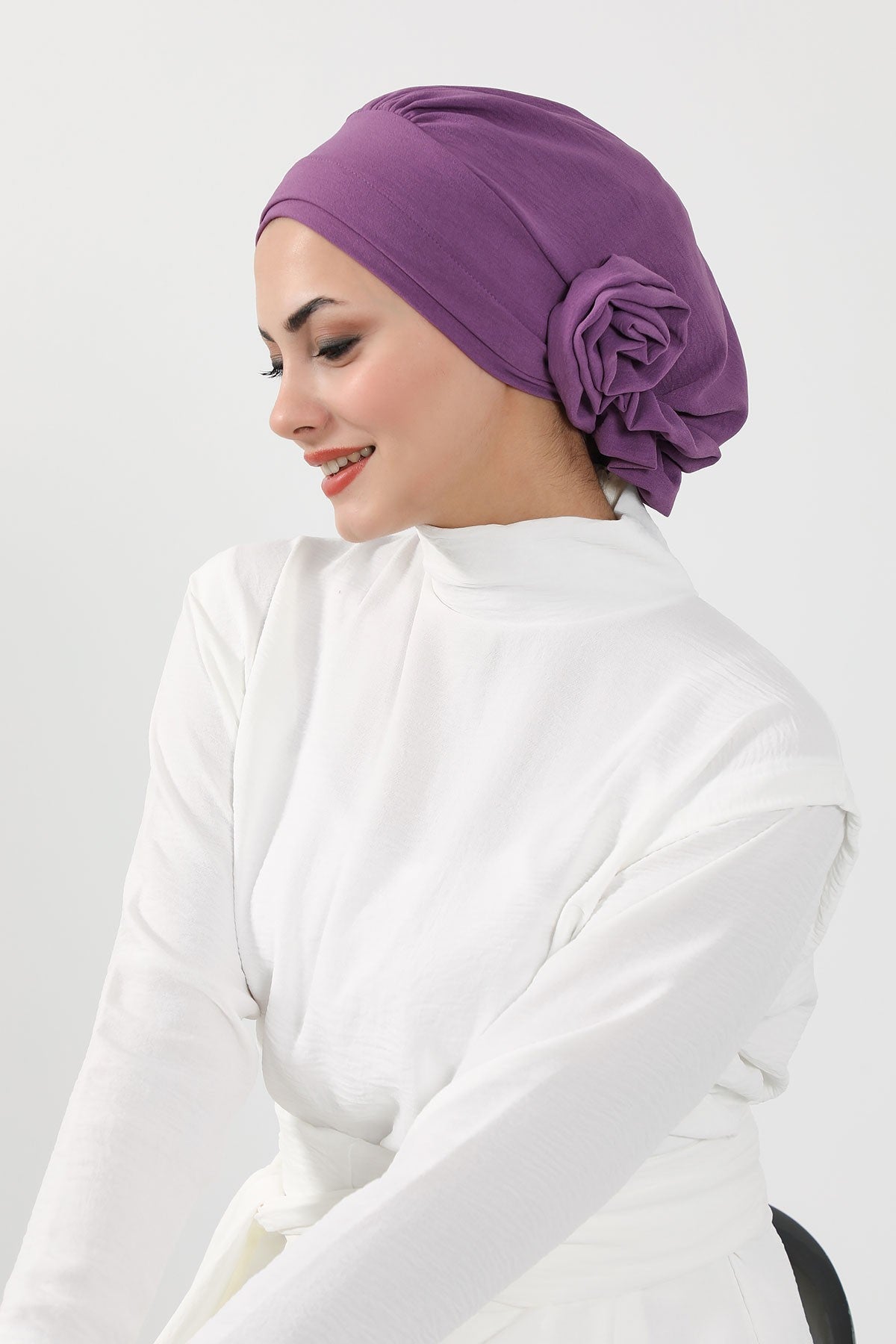 Pre-Tied Modest Turban for Women, Soft Aerobin Fabric Hijab with Stylish Back Flower, Slip-On Cotton Blend Head Cover,HT-92 Purple 2