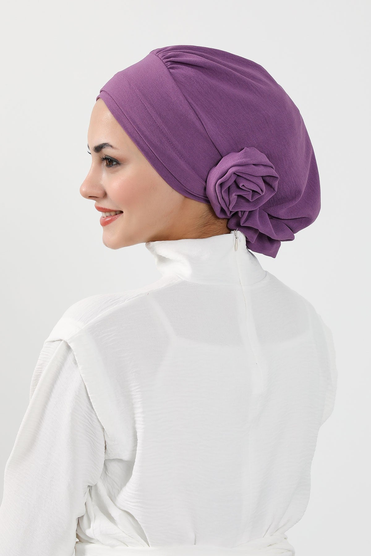 Pre-Tied Modest Turban for Women, Soft Aerobin Fabric Hijab with Stylish Back Flower, Slip-On Cotton Blend Head Cover,HT-92 Purple 2