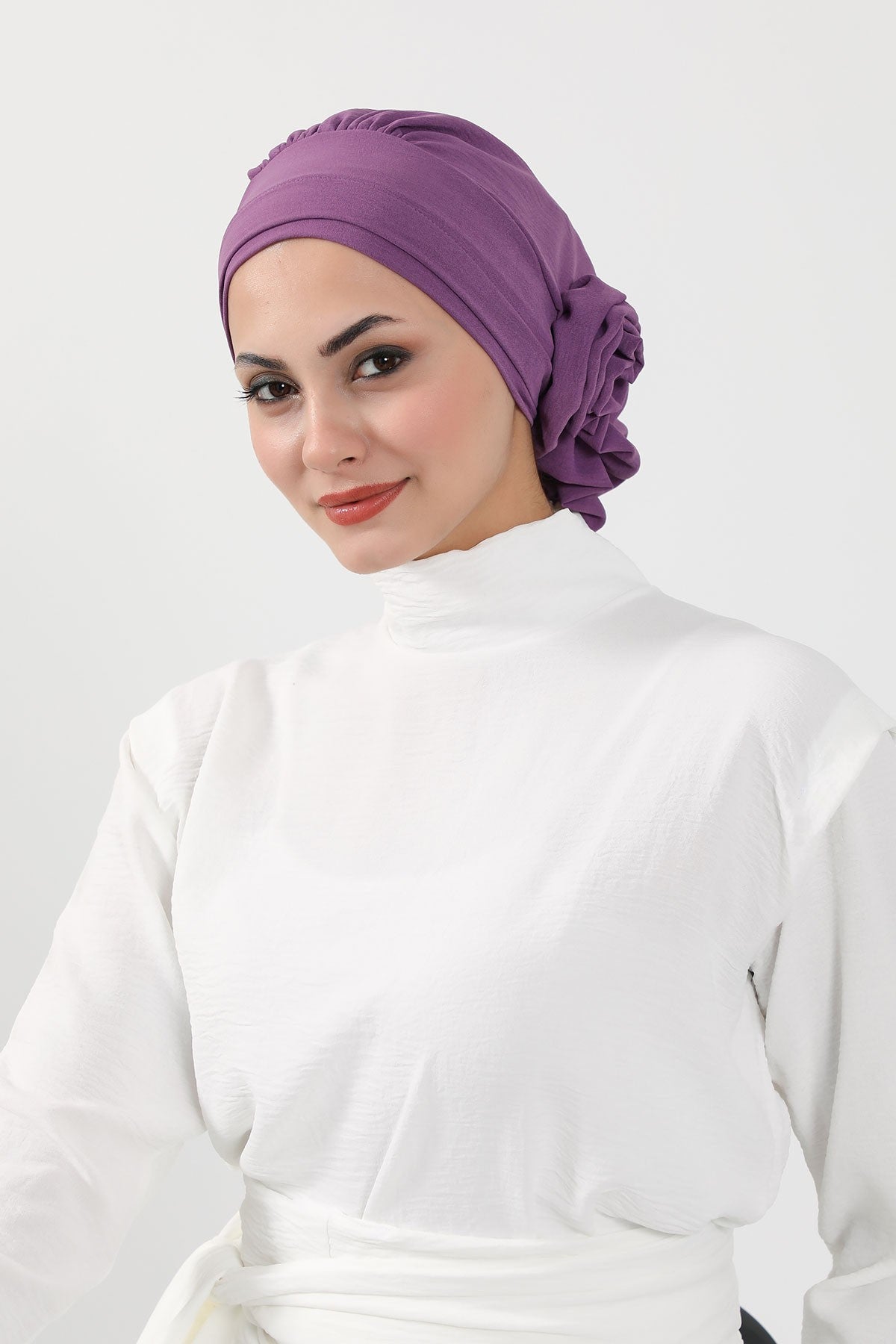 Pre-Tied Modest Turban for Women, Soft Aerobin Fabric Hijab with Stylish Back Flower, Slip-On Cotton Blend Head Cover,HT-92 Purple 2