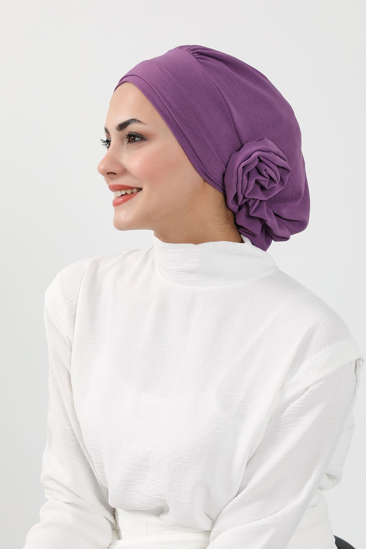 Pre-Tied Modest Turban for Women, Soft Aerobin Fabric Hijab with Stylish Back Flower, Slip-On Cotton Blend Head Cover,HT-92 Purple 2