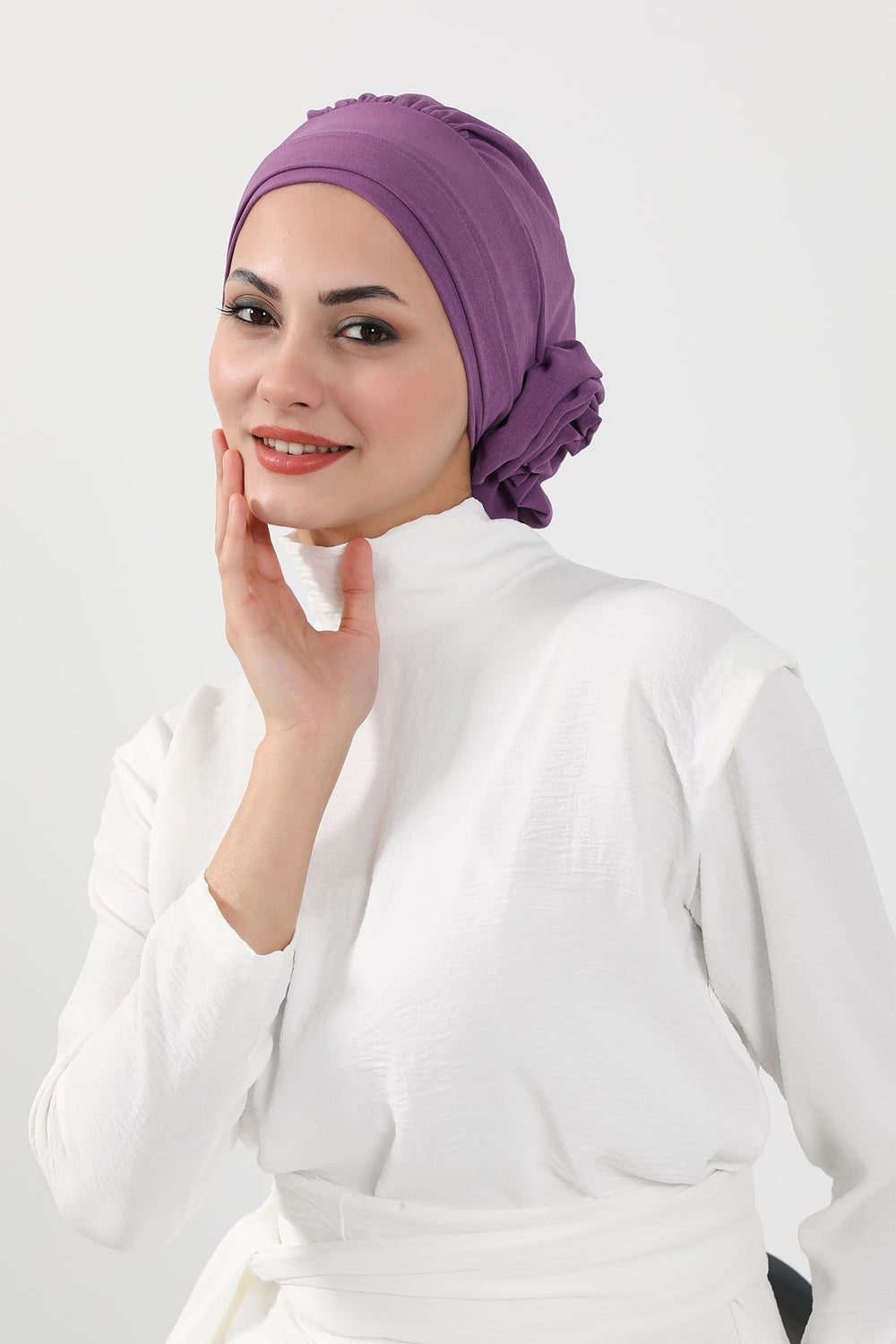 Pre-Tied Modest Turban for Women, Soft Aerobin Fabric Hijab with Stylish Back Flower, Slip-On Cotton Blend Head Cover,HT-92 Purple 2