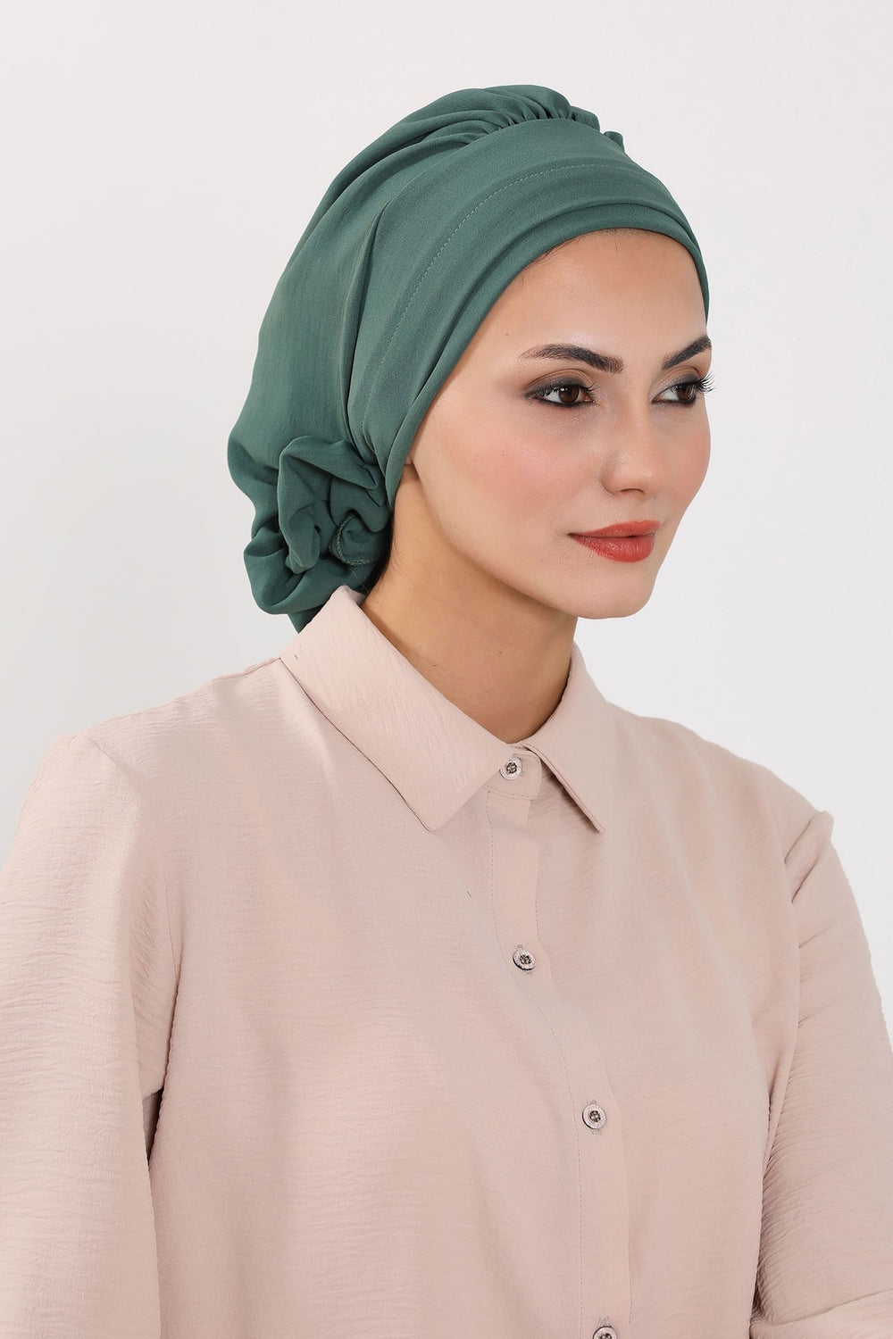 Pre-Tied Modest Turban for Women, Soft Aerobin Fabric Hijab with Stylish Back Flower, Slip-On Cotton Blend Head Cover,HT-92 Light Green