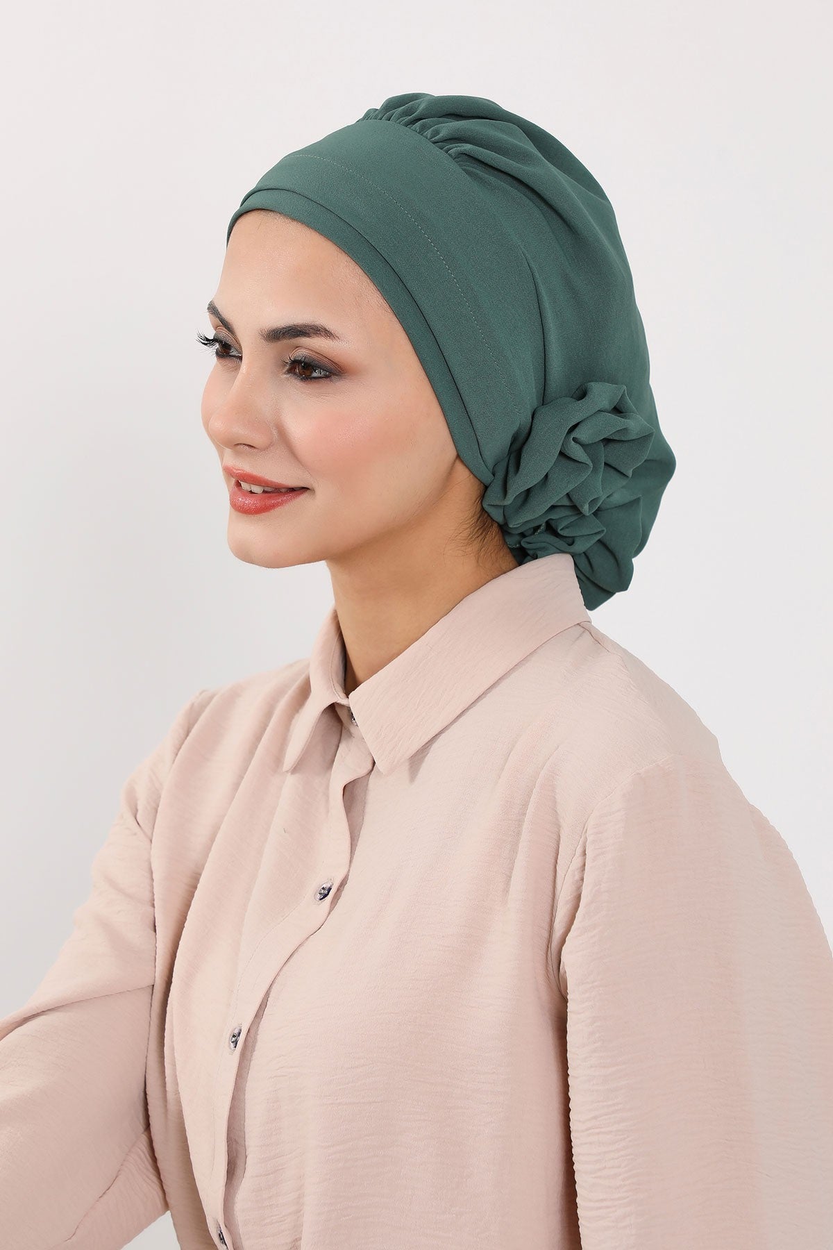 Pre-Tied Modest Turban for Women, Soft Aerobin Fabric Hijab with Stylish Back Flower, Slip-On Cotton Blend Head Cover,HT-92 Light Green